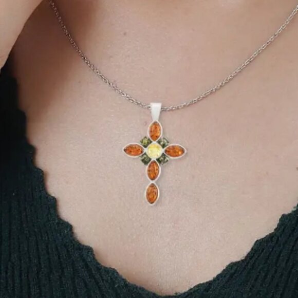 🍀 Sterling 925 Amber Cross Multi - Picture 1 of 3